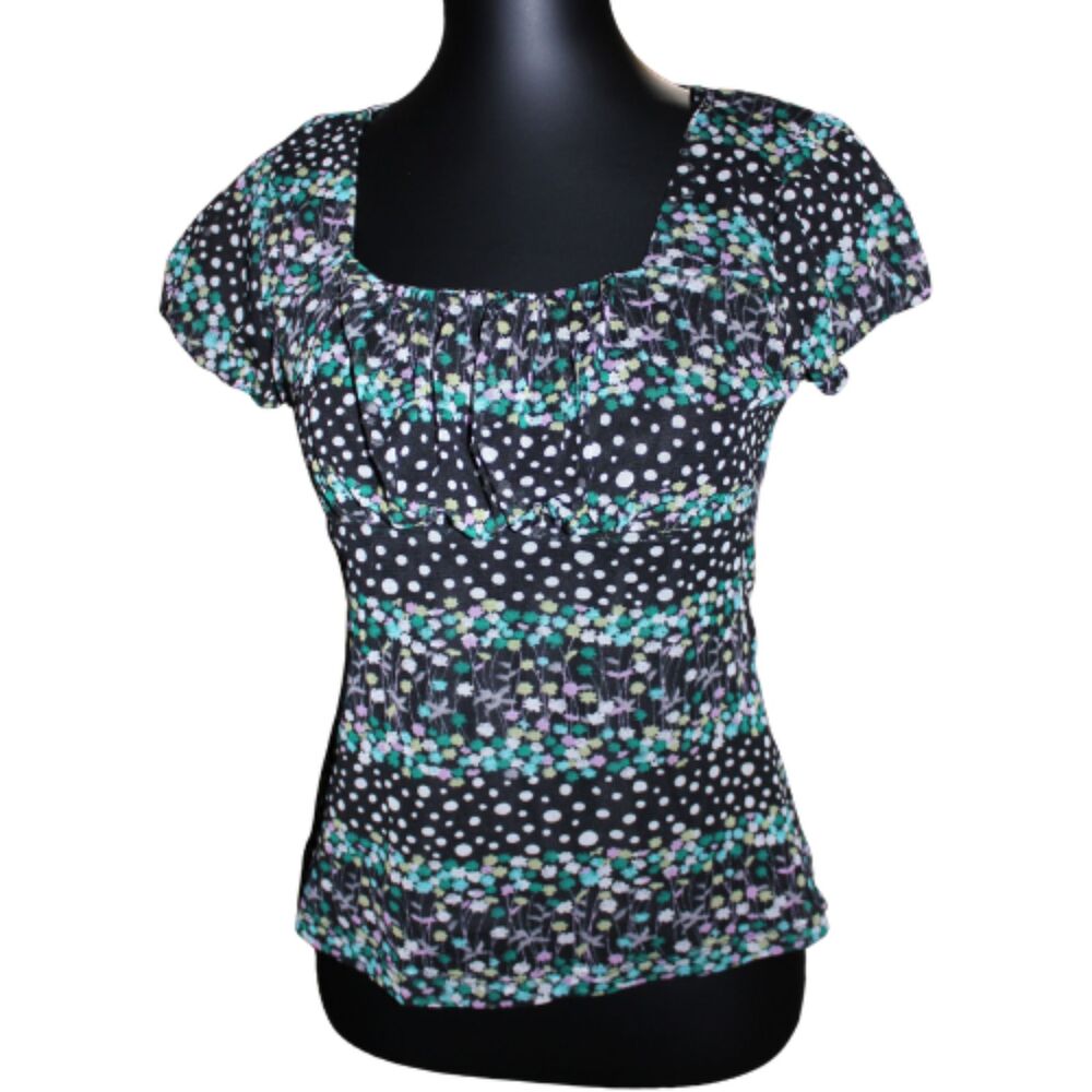 Black Floral Polka Dot Stretch Top Small Y2K Style Petite Sophisticate